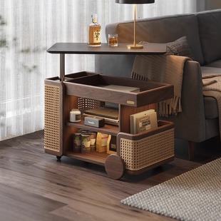 实木升降茶几可移动小推车巴士旋转边几客厅家用黑胡桃木沙发边几