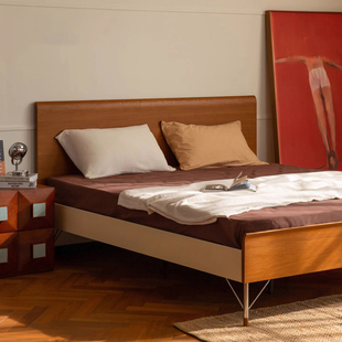 北欧复古拼色实木薄床头莱米纳床中古风小户型卧室1.8米双人床