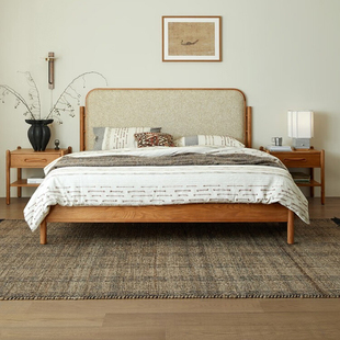 中古风橡木实木床小户型卧室高端大气复古床1米8软靠背双人布艺床