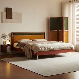 复古樱桃木实木床1.5米小户型主次卧床原木色布艺1.8米双人软包床