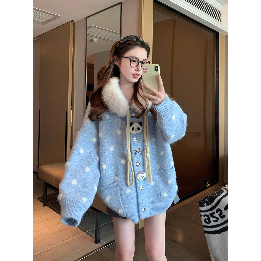 园园美衣熊猫毛衣外套女2026新款冬季加厚学院风连帽毛领针织开衫