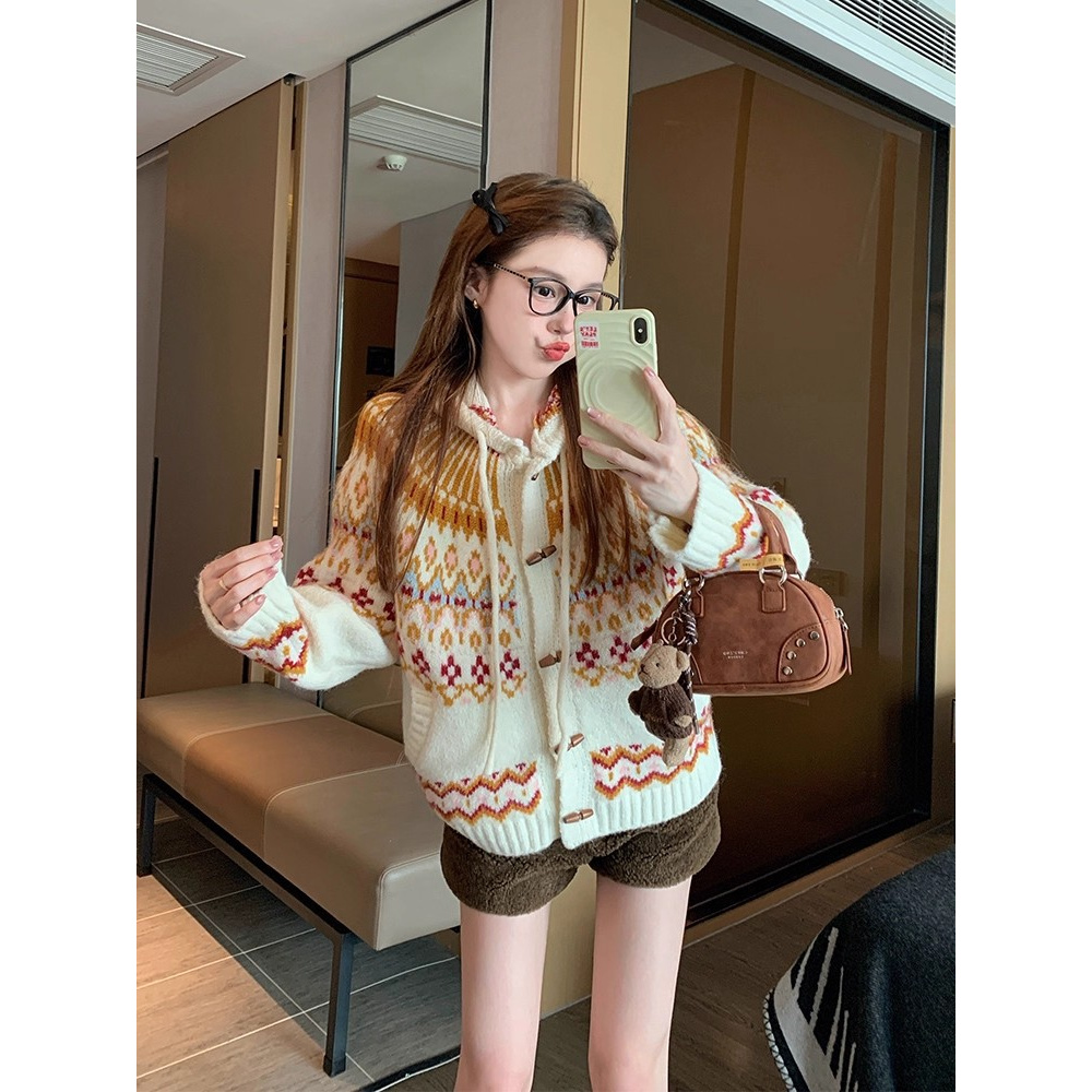 园园美衣帽毛衣外套女2026新款秋冬加厚软糯慵懒高级感针织衫上衣