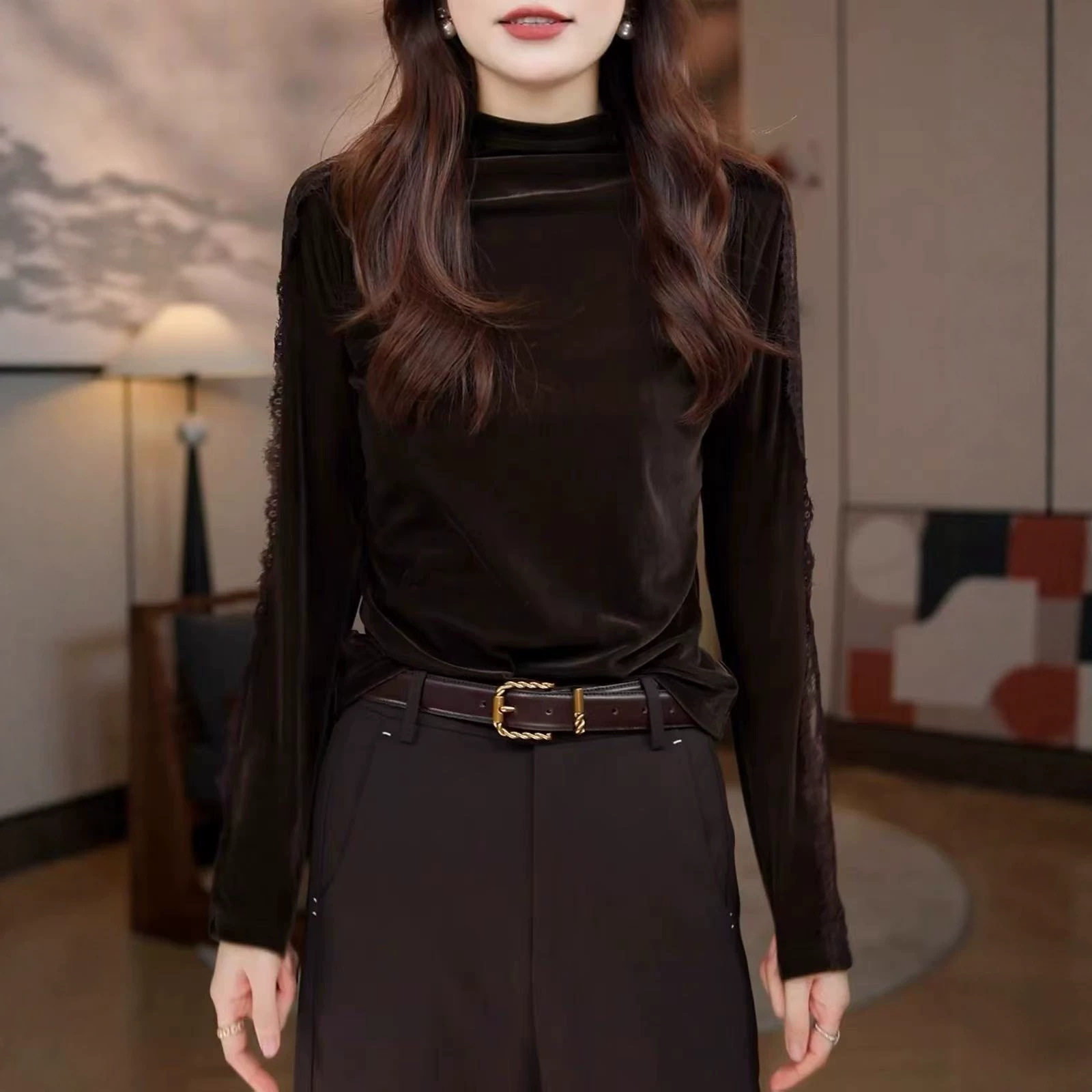 园园美衣高级感老钱风蕾丝拼接丝绒上衣女士秋冬修身气质打底衫