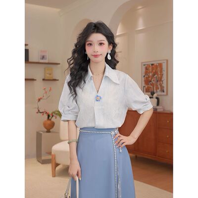 原创港风2026新款女短袖衬衣女夏季上衣衬衫#G11224港风韩系叠穿