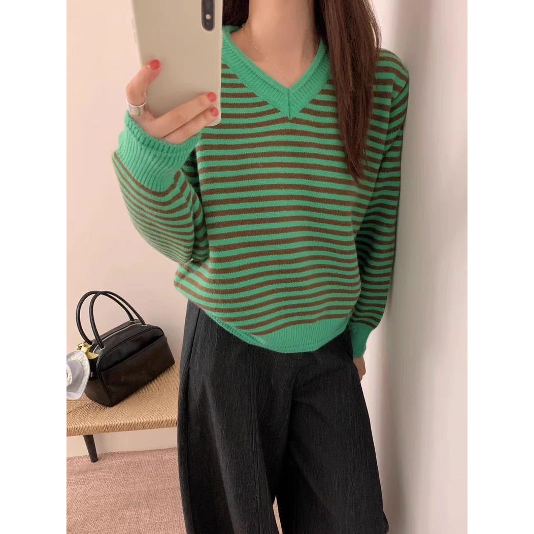 园园美衣韩系撞色条纹V领套头毛