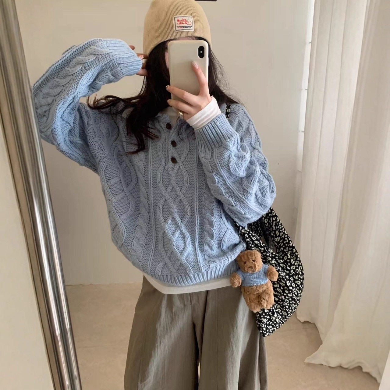 园园美衣领韩标半开扣套头毛衣女秋冬新款气质菱形格纹麻花针织衫