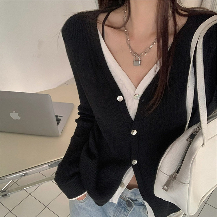 园园美衣季新款 气质御姐~韩系早秋简约撞色假两件百搭通勤针织衫