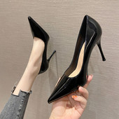 黑色高跟鞋 设计感尖头少女单鞋 2025年新款 漆皮百搭细跟职业工作鞋