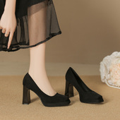 黑色职业工作鞋 粗跟防水台高跟鞋 女绒面气质百搭方头玛丽珍单鞋 女