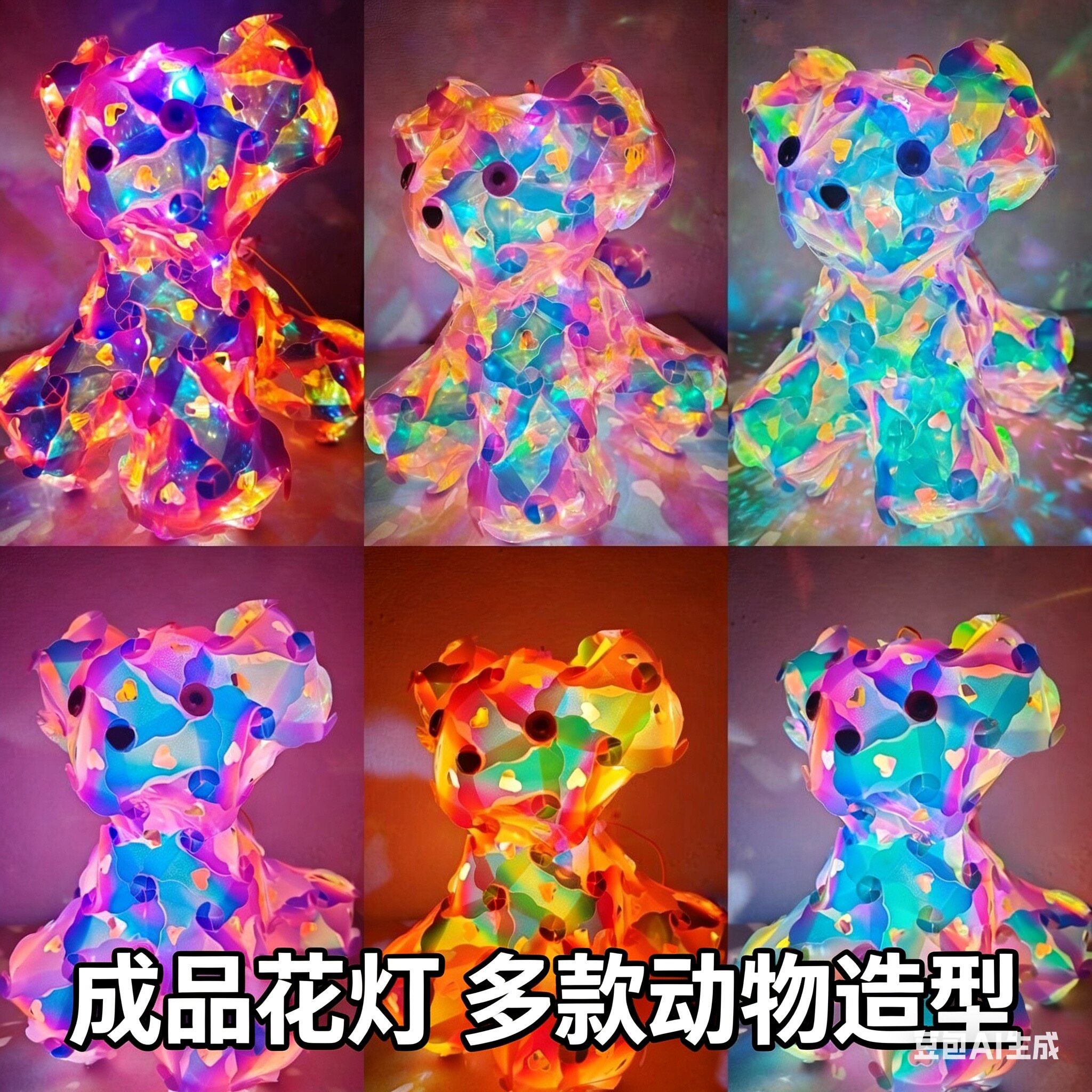 成品镭射七彩动物花灯炫彩哑光磨砂发光手提儿童熊小狗兔灯笼夜市图片
