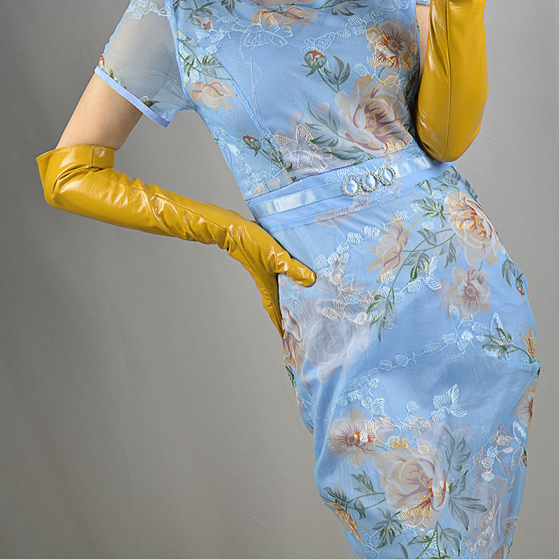 50cm性感漆皮手套涂胶紧身长款手套女王黄色婚庆表演夜店cos手套