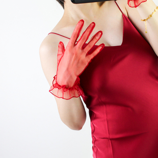 薄款素纱手套女纯色网纱大红色酒红森系写真结婚礼服新娘影楼拍照