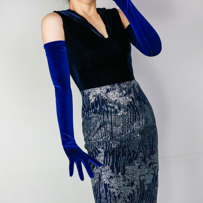 丝绒长手套女60cm女孩派对天鹅绒金丝绒宝蓝色深蓝藏蓝酒会晚礼