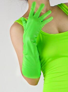 长款皮手套40cm软胶仿真皮pu儿童走秀舞台表演服摄影荧光绿色青色