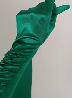 褶皱手套50cm丝绸缎面丝光面弹性打褶圣诞绿色长款礼服婚纱晚宴会