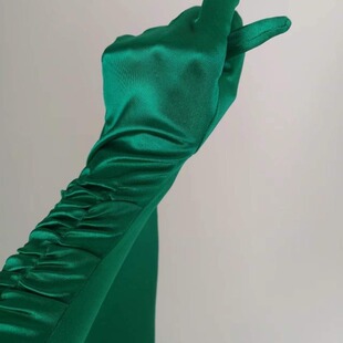褶皱手套50cm丝绸缎面丝光面弹性打褶圣诞绿色长款礼服婚纱晚宴会