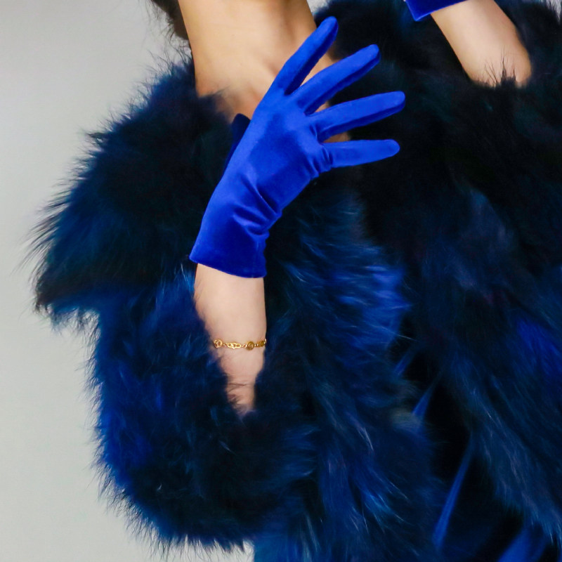 丝绒手套短保暖女22cm淑女孩弹性天鹅绒金丝绒宝蓝色藏蓝酒会名媛