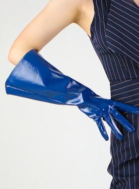 皮手套长款38cm大袖子宽口蓬蓬袖套漆皮深蓝色藏青色T台走秀摄影