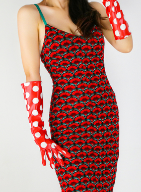 波点长手套40cm贴身女漆皮黑色仿真皮pu草间弥生大圆点设计师造型