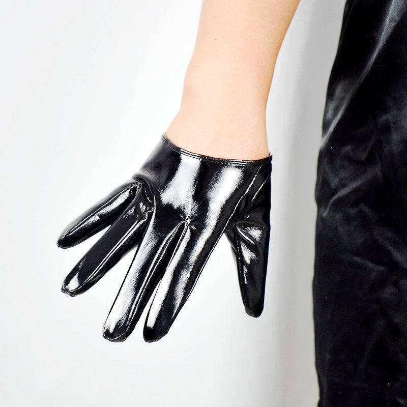 触屏黑色皮手套13cm超短仿羊皮仿真皮pu镜面漆皮亮面机车情侣时尚