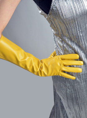 包邮漆皮手套40cm长款保暖PU仿真皮仿皮镜面亮皮亮黄色蛋黄姜黄色