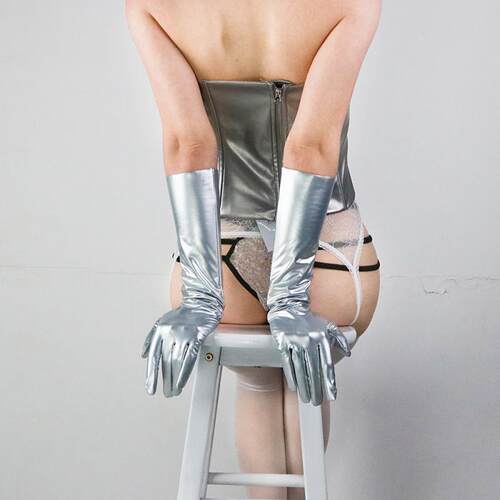 性感情sm趣油亮光泽latex乳胶pu漆皮60cm40cm超长皮手套金属银色