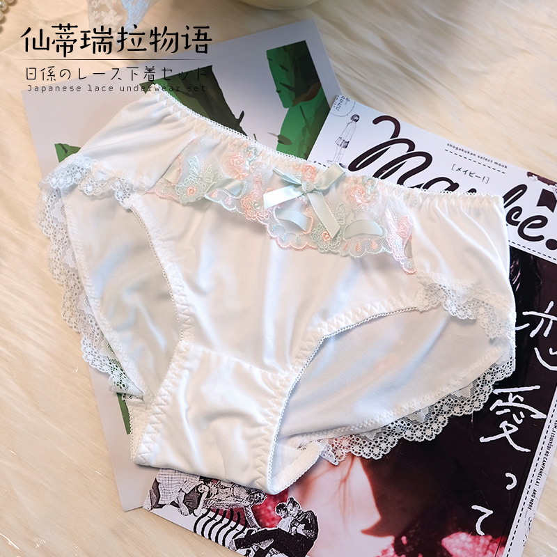 日系可爱蕾丝刺绣内裤女生性感甜美中腰胖mm大码纯欲蝴蝶结三角裤