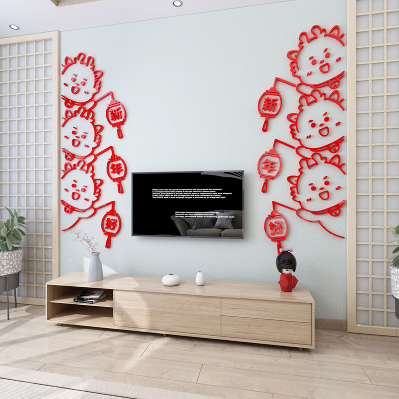 新中式卡通背景墙装饰画新年客厅背景墙挂画玄关入户门3d立体墙贴图片