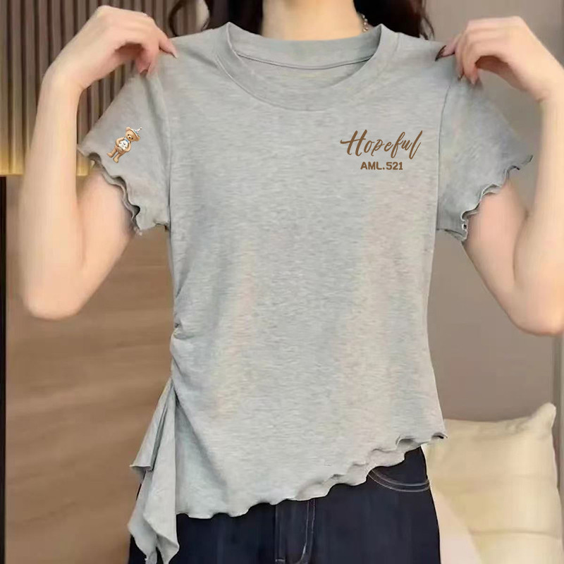 弧形下摆木耳边短袖T恤女