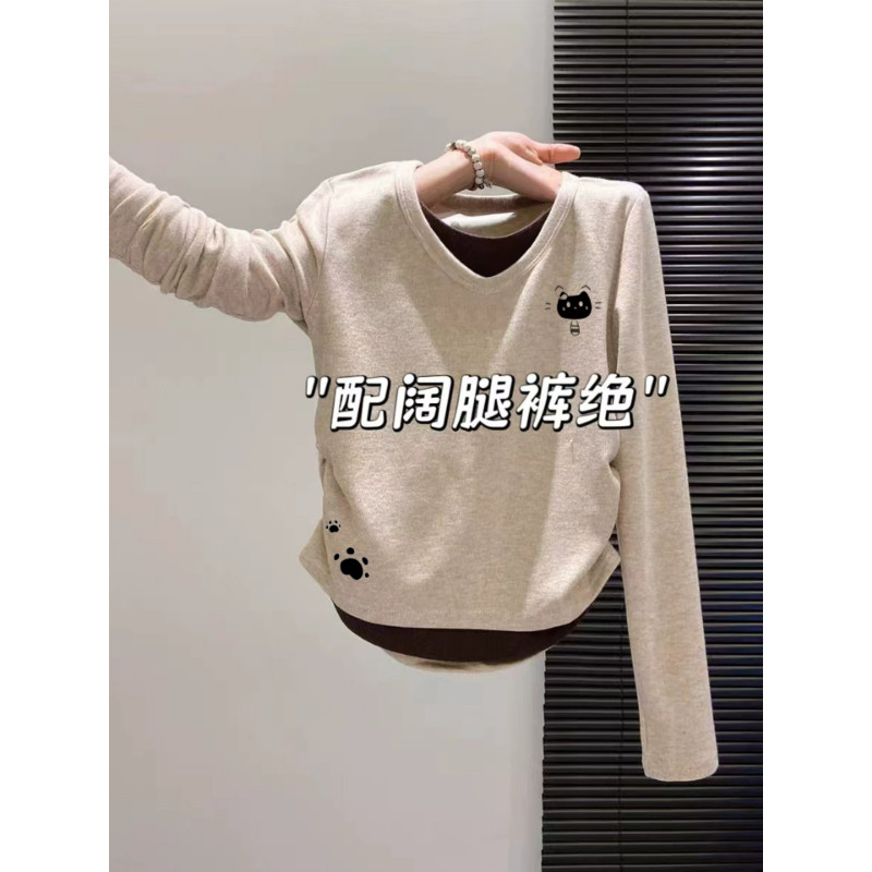 撞色拼接假两件长袖T恤女