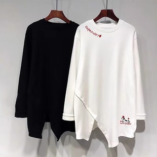 宽松显瘦打底上衣 T恤女中长款 韩系女高既视感 不规则开叉长袖