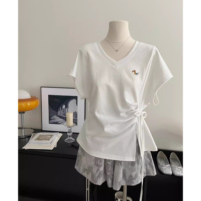 不规则绑带收腰显瘦短袖上衣