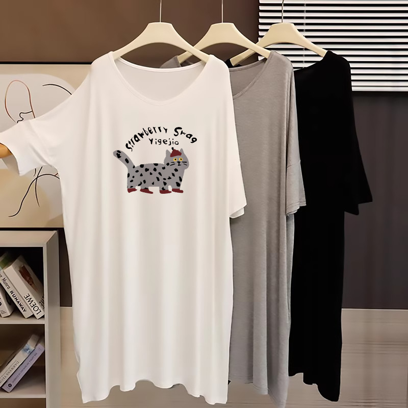 细腻柔软不扎肤！中长款V领短袖T恤女慵懒风莫代尔宽松大码上衣潮