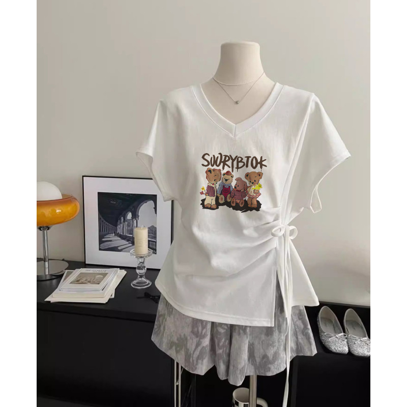 上身巨显瘦！不规则绑带V领白色短袖T恤女夏季收腰显瘦打底衫上衣