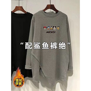 T恤女不规则开叉中长款 磨毛德绒长袖 显瘦上衣 型也泰特别了吧 版