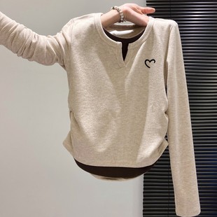 奥特莱斯 T恤女秋冬设计感假两件收腰上衣潮 清仓捡漏撞色V领长袖