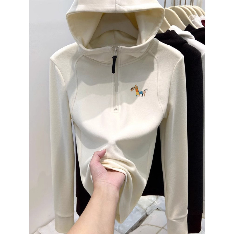 奥特莱斯~清仓捡漏半拉链德绒连帽卫衣女秋冬修身加绒打底衫上衣