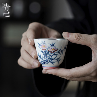 一品仟堂青己玉泥白瓷手绘品茗杯家用陶瓷茶具单杯青花釉下彩茶杯