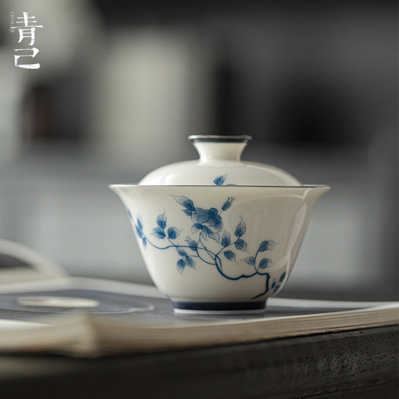 一品仟堂青己玉泥白瓷手绘盖碗功夫茶具陶瓷文人器泡茶碗萍踪雅歌