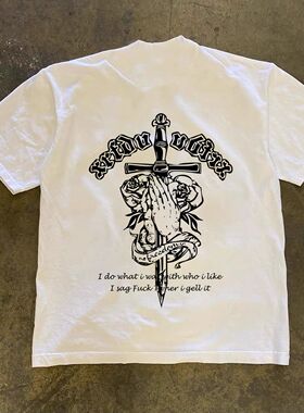 潮牌短袖t恤250G重磅美式潮流休闲字母印花T恤男百搭圆领overszie