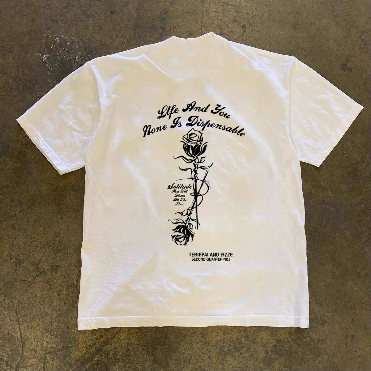 潮牌短袖t恤美式简约玫瑰花印花重磅圆领干净嘻哈短袖T恤男高街宽