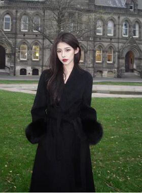 黑色真狐狸毛双面羊绒大衣女