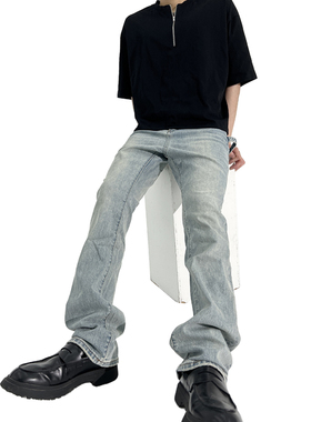 JCAESAR 美式高街微喇叭长裤子男脚口高腰弹力水洗蓝色vibe牛仔裤