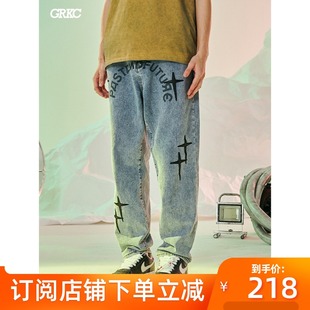 刺绣裤 ins情侣国潮牌长裤 子宽松男女 韩版 GRKC皮革十字星牛仔裤