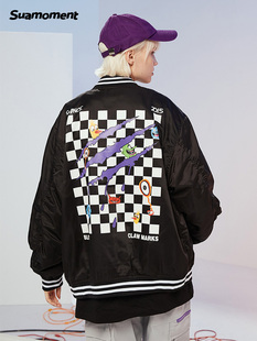 新品 SuaMoment 抓痕血爪棋盘格棒球服男女国潮牌休闲夹克2021春季