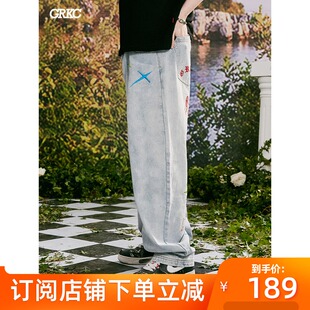 GRKC中国 刺绣LOGO水洗牛仔裤国潮牌潮流街头情侣宽松休闲长裤男