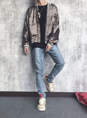 超帅 CONK LAB基础水洗拉链弹力修身街头风浅色牛仔裤高街