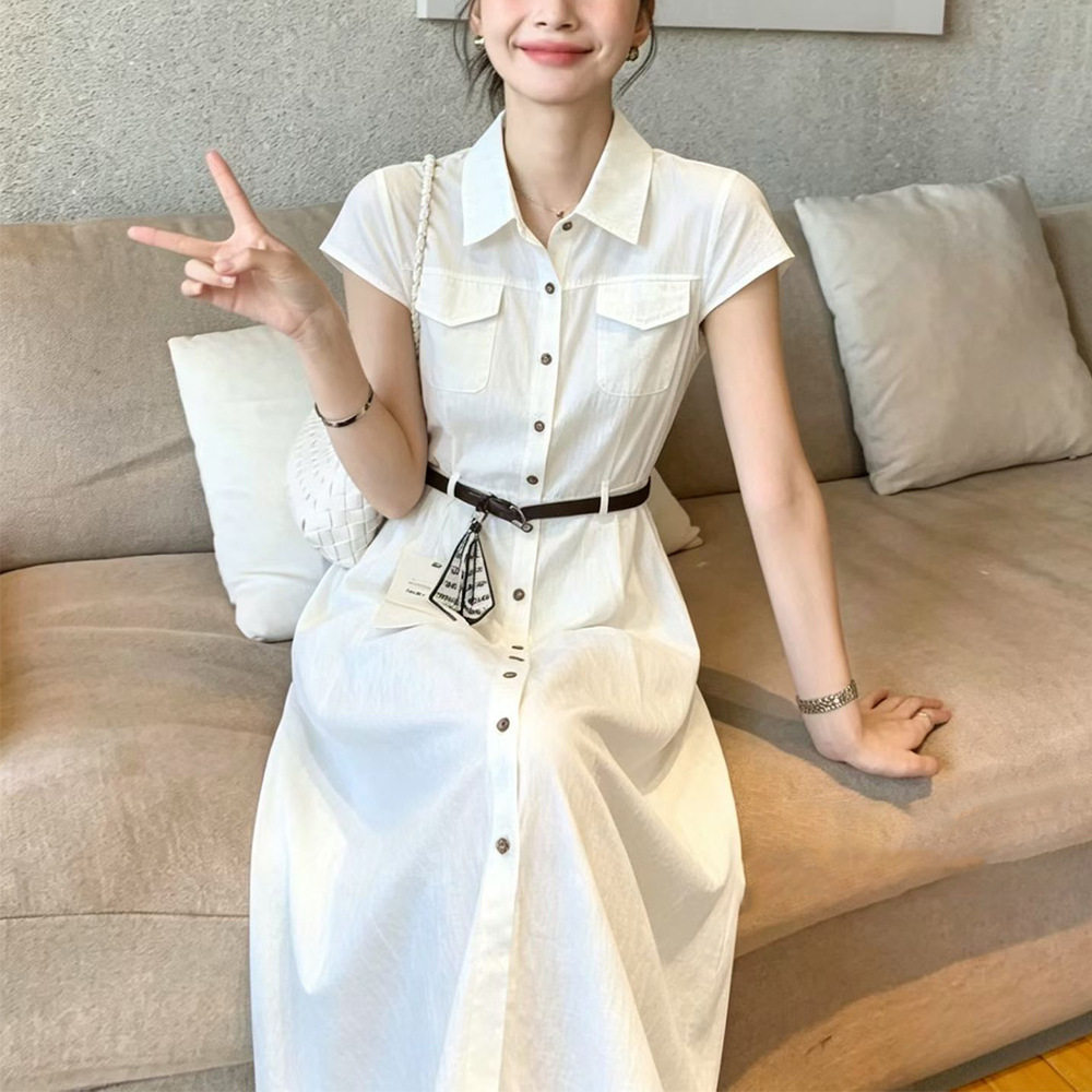 26春夏白色绝美气质高级感棉通勤收腰显瘦蓝色衬衫连衣裙29190