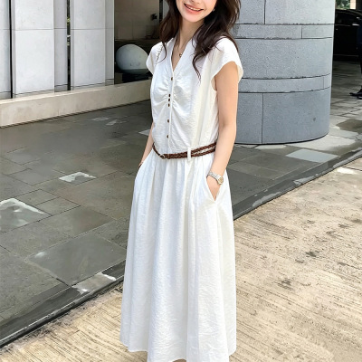 26春夏白月光蓝色短袖衬衫连衣裙收腰显瘦通勤气质白色长裙29177