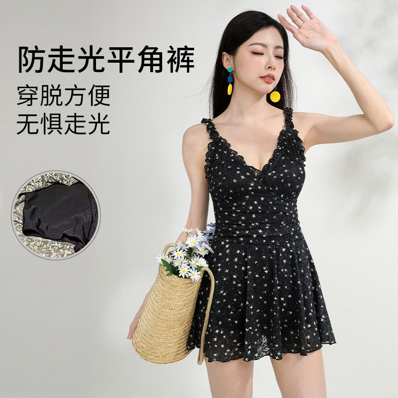竞浪裙式泳衣女连体游泳衣保守遮肚显瘦专业训练温泉小花款泳装